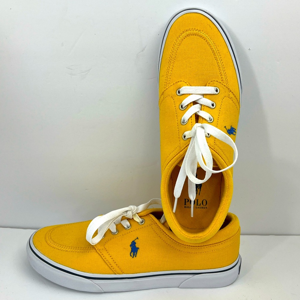 POLO RALPH LAUREN BRIGHT YELLOW CANVAS TENNIS SHOES, SIZE MEN’S US 8.5, EUR 41.5